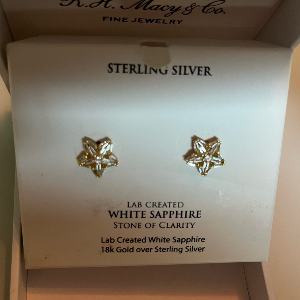 Silver, Gold, and Lab Sapphire Star Earrings